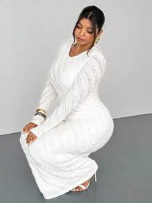 Firerie 大码女式白色浪漫优雅蕾丝提花长袖收腰鱼尾下摆长裙，优雅/办公室/度假/派对/约会/情人节/音乐会/表演/正式/高端宴会/舞会/婚礼季/性感/优雅/通勤/返校/度假/海滩/优雅浪漫/办公室美女/美人鱼风格/生日派对礼服