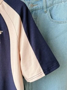 SHEIN Tricou Tween pentru fete, cu mânecă raglan în contrast, model Campus, supradimensionat, cu imprimeu personalizat și mânecă medie - Albastru marin - Vizualizare 5