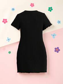 SHEIN 小女孩幼儿针织纯色圆领蝴蝶图案修身休闲连衣裙 - 黑色 - 查看 2