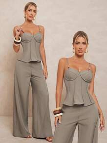 Lumalex Bộ vest nữ thanh lịch rộng rãi, trang trí áo đính cườm và quần ống rộng - màu xanh lá - Xem 2