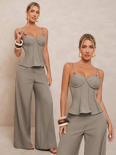 Lumalex Conjunto de traje elegante suelto de mujer con top decorativo de tirantes con cuentas y pantalones de pierna ancha