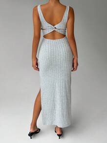 FavEase Damen einfarbiges Maxikleid mit Schlitz-Saum für den täglichen Gebrauch - Hellgrau - Übersicht 3