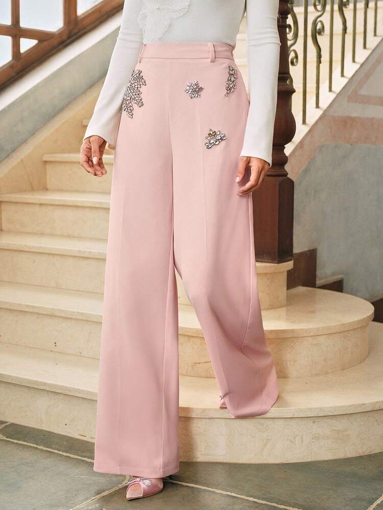 Women's Fashion Rhinestone Embellished Straight Leg Wide Leg Suit Pants