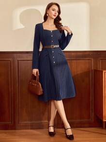 Vintamour Robe élégante vintage pour femme avec poches et boutons. Robe décontractée pour vacances, rentrée scolaire, tenues d'automne pour femmes, tenues d'enseignante, robes d'anniversaire pour femmes, vêtements de rentrée scolaire pour femmes, robes élégantes d'anniversaire pour femmes, tenues d'hiver pour femmes, tenues de bureau pour femmes, vêtements de travail occidentaux pour femmes, tenues de concert pour femmes, tenues de festival pour femmes - Bleu azur - Voir 3