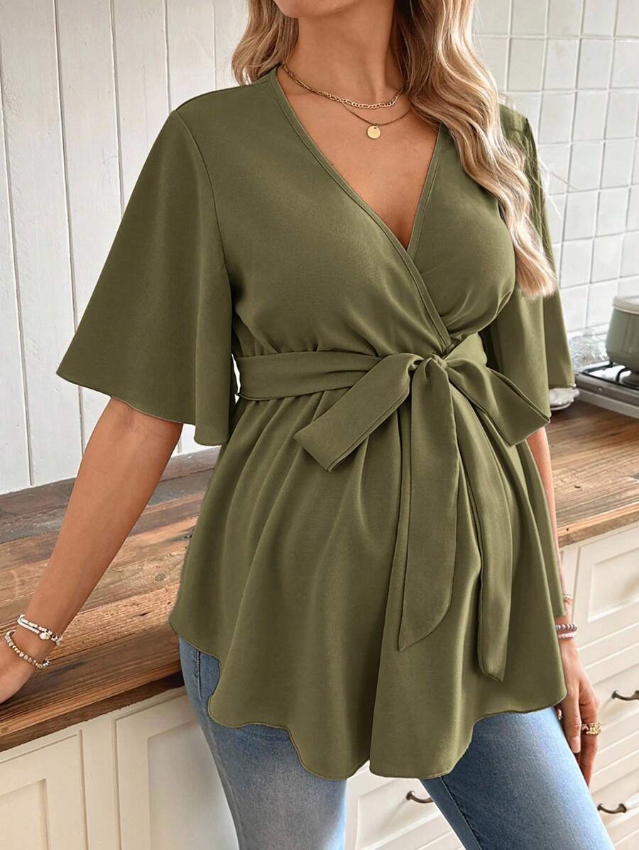 SHEIN V领荷叶边孕妇上衣（配腰带） - 軍綠色 - 查看 1