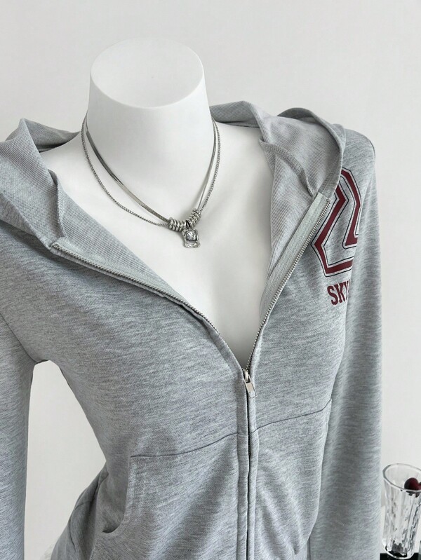 Elamini Sudadera con capucha de cierre de cremallera ajustada a la cintura con estampado retro sexy para mujer en otoño