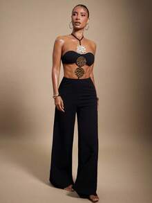 Hauture Mono de mujer sexy de unicolor con decoración de placa metálica hueca para fiesta - Negro - Ver 3