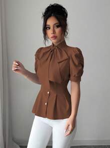 Selianne Áo sơ mi nữ cổ thắt eo màu trơn thanh lịch, mùa hè - Rỉ Nâu - Xem 5