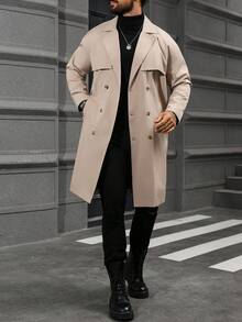 Manfinity Homme 男士街头热销INS风男士纽扣前襟长袖口袋简约休闲风衣，外出法兰绒风衣，适合送给朋友、丈夫、男友的礼物，男士长款外套，男士米色外套，男士风衣，秋季新款 - 卡其色 - 查看 1