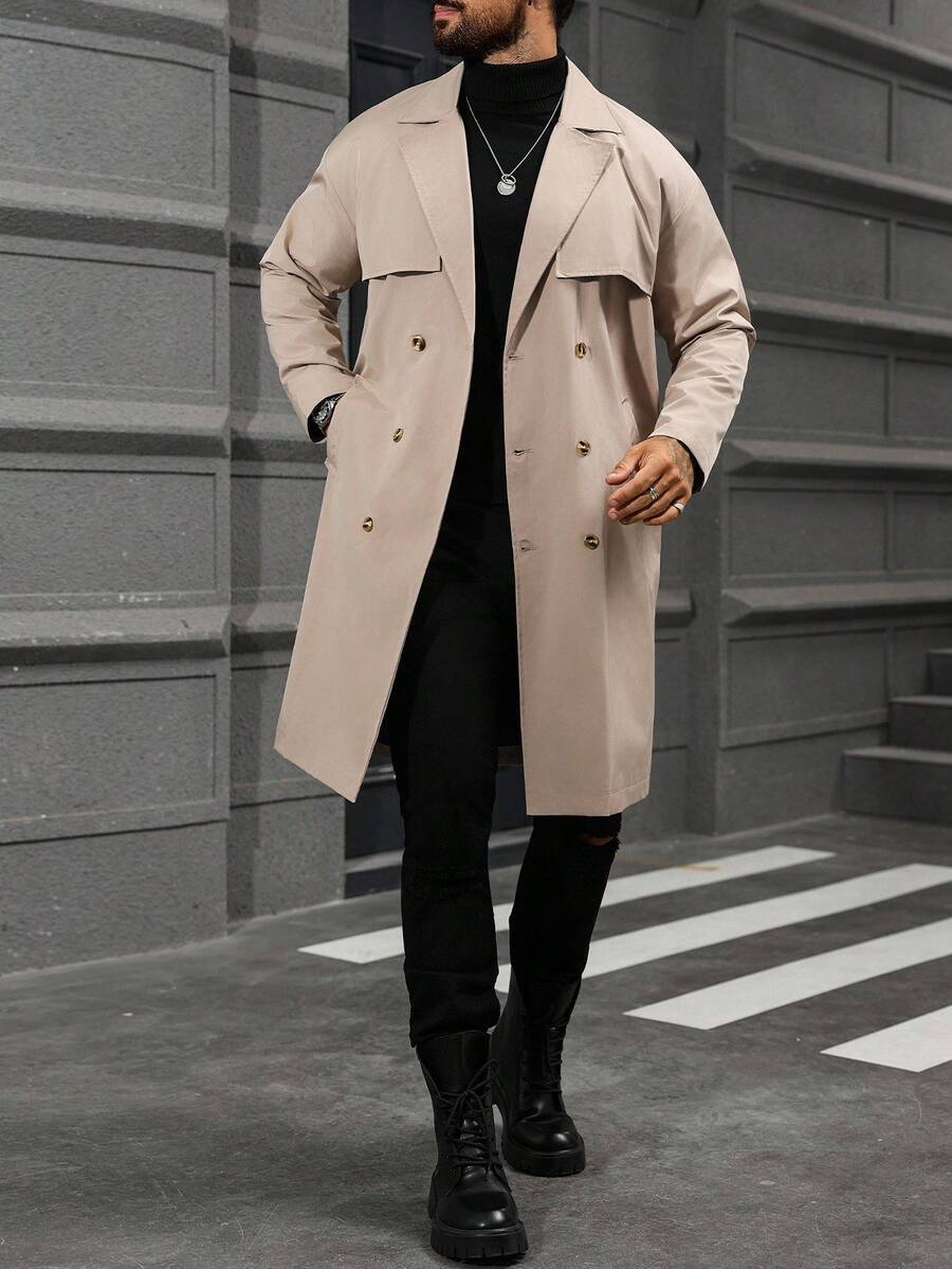 Manfinity Homme 男士街头热销INS风男士纽扣前襟长袖口袋简约休闲风衣，外出法兰绒风衣，适合送给朋友、丈夫、男友的礼物，男士长款外套，男士米色外套，男士风衣，秋季新款 - 卡其色 - 查看 1