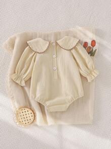 SHEIN Playful Pals Baby Girls' Countryside Embroidered Peter Pan Collar Bowknot Frill Cuff Long Sleeve Bodysuit, Autumn Fall Winter