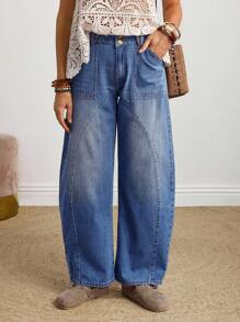 EMERY ROSE 女式口袋喇叭休闲宽松牛仔裤 - 藍色 - 查看 6