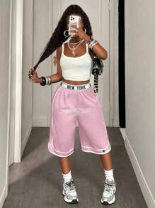 BamGleam Women's Letter Print Waistband Wide Leg Loose Casual Capri Sports Sweatpants - Pink - View 6