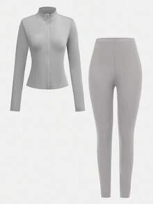 SHEIN Girlism 少女灰色立领拉链修身休闲运动服套装（含紧身裤、运动套装、学院服、慢跑服） - 灰色 - 查看 10