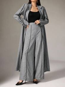 Heiryn 女士撞色滚边前扣休闲阿拉伯长袖罩袍套装，含裤子，优雅开襟罩袍裤装，适合日常休闲/工作场合 - 灰色 - 查看 6