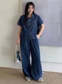 Dazy Plus 2 件大码女式牛仔套装 - 宽松翻领牛仔上衣和松紧腰宽松牛仔裤，深色水洗秋冬