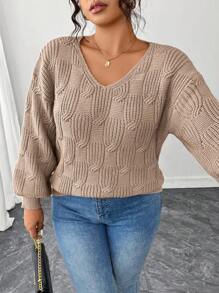 Elenzga Sweater Rajut Lengan Panjang Leher V Ukuran Besar untuk Wanita, Gaya Kasual Musim Dingin, Gugur, dan Musim Panas - Aprikot - View 5