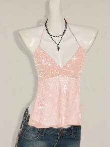 SHEIN ICON 女士 Y2K 性感花朵蕾丝露背吊带背心 - 粉色 - 查看 5