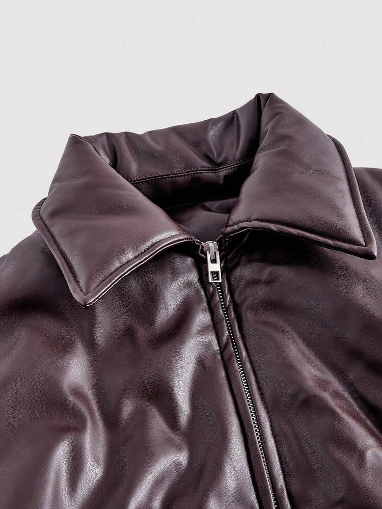 SHEIN MOD 女士时尚百搭纯色外套，秋冬季，短款外套，皮衣，冬季女装外套，保暖，皮衣，新年夜，节日，新年 - 紅木色 - 查看 4