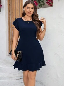 SHEIN Clasi Vestido casual de verano de talla grande de unicolor con volantes, atuendos de oficina para mujeres - Azul Marino - Ver 3