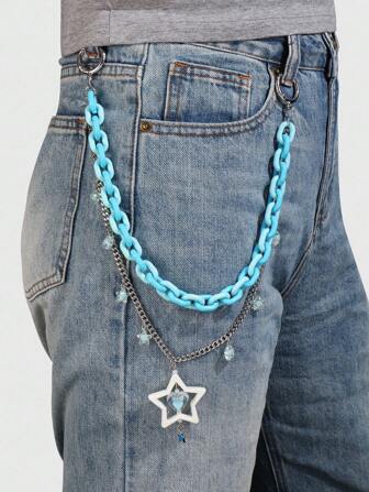 Anime 1pc Fashionable Silver & Blue Acrylic Chain Pendant With Star & Heart Decor, Versatile DIY Accessory For Bags/Clothes, Suitable For Women, Great Gift