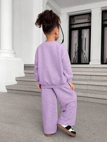 SHEIN Young Girl SL Store 街头风格纯色圆领长袖针织毛衣套装 - 紫色 - 查看 5