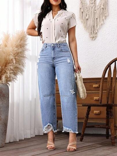 EMERY ROSE Jeans cortos holgados con dobladillo deshilachado y desgastado, de ajuste suelto e inelástico, en estilo vaquero azul para mujer de talla grande, rodeo