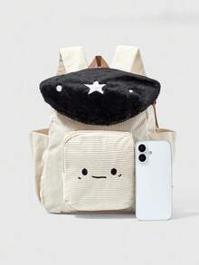 ROMWE Kawaii حقيبة ظهر عصرية كاجوال مزينة بتصميم لوني مرقع وتطريز نجمي وفطر - الأسود - مشاهدة 3