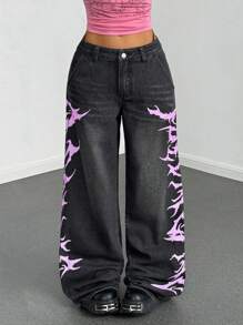 StreetHx Low Waist Printed Wide Leg Straight Jeans