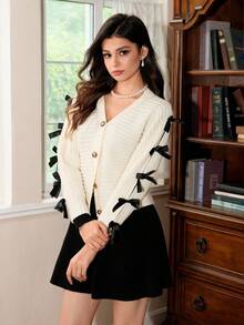 SHEIN MOD Cardigan élégant de couleur unie avec manches ajourées et nœud papillon pour l'automne/l'hiver - Nude - Voir 13