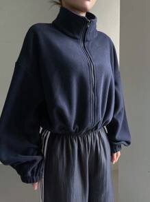 DAZY 女士纯色立领收腰保暖内衬夹克，冬季外套，秋季女装 - 藏蓝色 - 查看 4