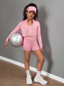 SHEIN Girlism Bộ 3 món áo thun dài tay cổ khóa kéo, áo vest và quần legging cho bé gái tuổi teen - Trang phục thể thao - Hồng - Xem 7