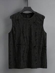Claim Dot Men's Street-Style Distressed Texture Jacquard Sleeveless Crew Neck Fashion Tank Top - Black - View 3
