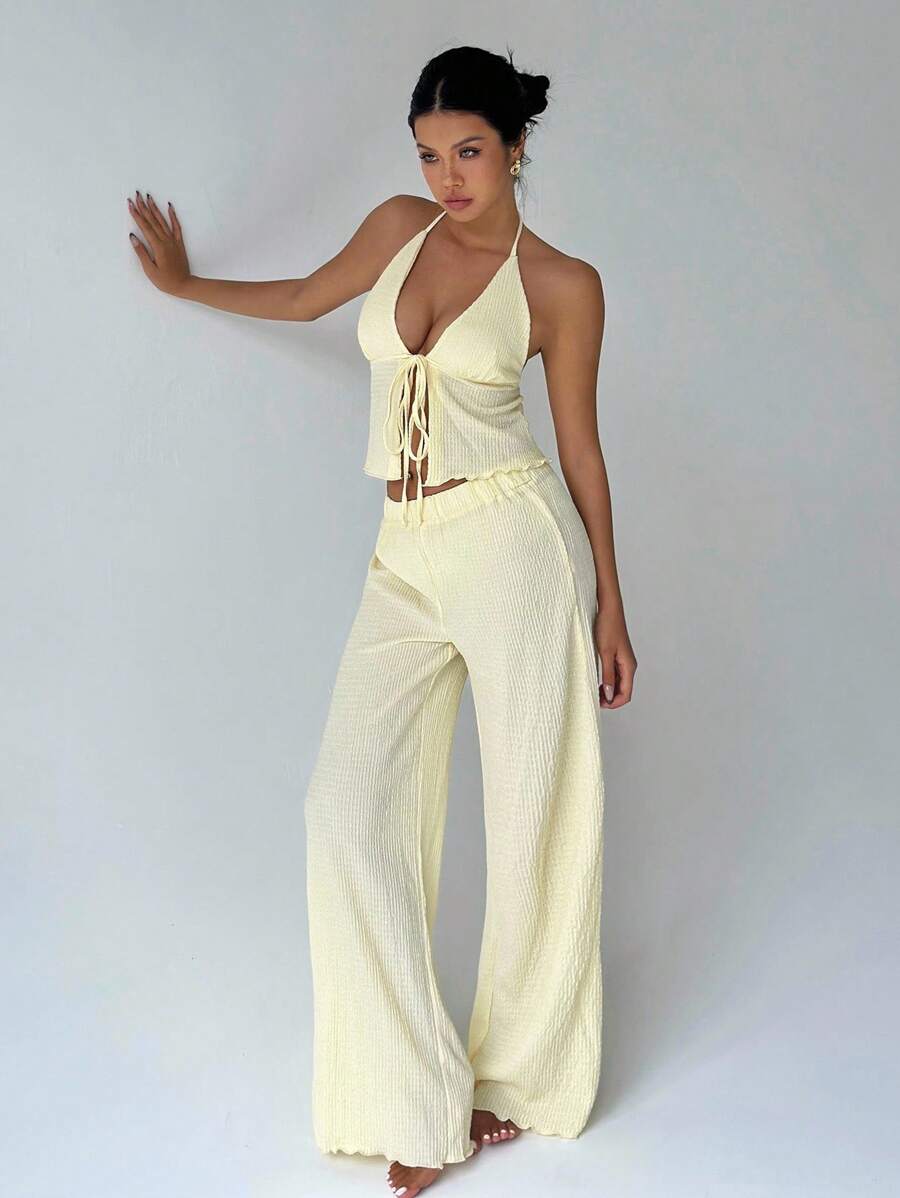 SHEIN Clasi 質感布料打褶露背寬腿連身褲 - 杏色 - 查看 1