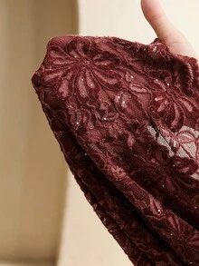 Anewsta 女士优雅 V 领天鹅绒蕾丝荷叶边长袖衬衫，浪漫圣诞约会装，冬季 - 酒紅色 - 查看 7