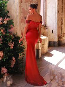 Glamrae Elegant Luxurious Burgundy Off Shoulder Sleeve Beaded Sequin Patchwork Elastic Satin Ruched Sexy Mermaid Dress With Train, Suitable For Weddings, Parties, Graduations, Galas, Formal Events (Heavy-Duty) - Burgundy - View 2