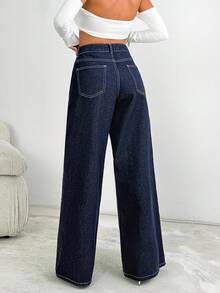 EURMUSE Low Waist Shiny Stone Detailed Straight Jean Wide Leg Jeans Baggy Jeans Y2k Jeans Rhinestone Jeans Embellished Jeans - Dark Wash - View 3