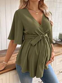 SHEIN V领荷叶边孕妇上衣（配腰带） - 軍綠色 - 查看 4