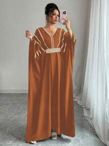 Rafferiza V 领金色蕾丝腰收腰长款罩衫连衣裙 - 咖啡棕 - 查看 5