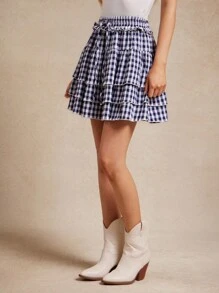 WESTFADE 褶皱格子高腰系带前分层荷叶边迷你裙夏季海滩度假 7 月 4 日