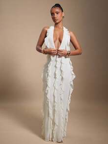 Hauture Women's Summer Sexy Low Front Neck Ruffle Ivory Night Out Maxi Dress - Apricot - View 3
