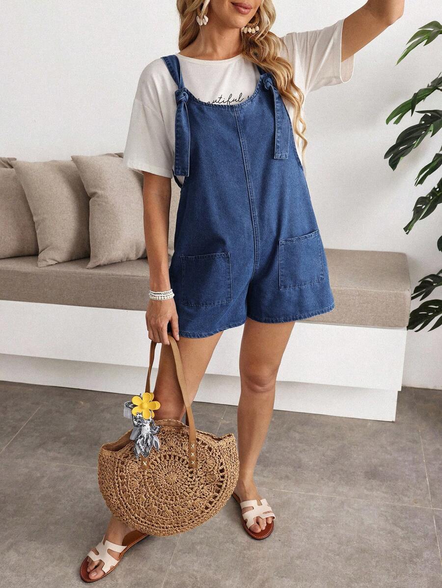 EMERY ROSE Women's Casual Washed Denim Bib Pants, Summer Denim Overall Dress Denim Romper Women Denim Short Overalls Women Denim Overalls Tie Strap Denim Overalls