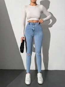 EURMUSE High Waist Ripped Skinny Jeans - Royal Blue - View 3