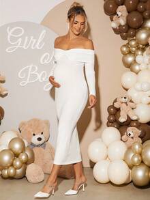 Loomaby Elegant Solid Color Off Shoulder Fitted Maternity Knit Dress,Gender Reveal Dress,Maternity Dress,Baby Shower Dresswhite Long Sleeve Maternity Dress - Beige - View 5