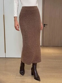 Easowa Váy dài thanh lịch họa tiết kaki thu đông cho nữ - Màu Khaki - Xem 3