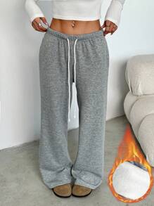 SHEIN PETITE Women's Casual Minimalist Straight Leg Thermal Lined Pants, Slim Fit, Versatile Sportswear Fall Cloth For Women