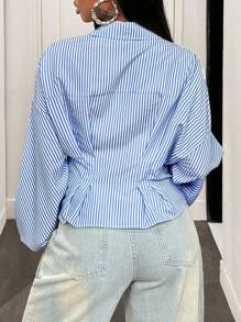 BamGleam 女士休闲性感条纹腰衬衫 - 藍色 - 查看 2