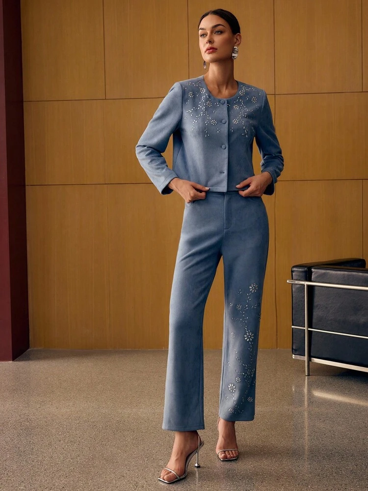 SUEDE SOLID RHINESTONE DETAIL WIDE LEG SUIT PANTS