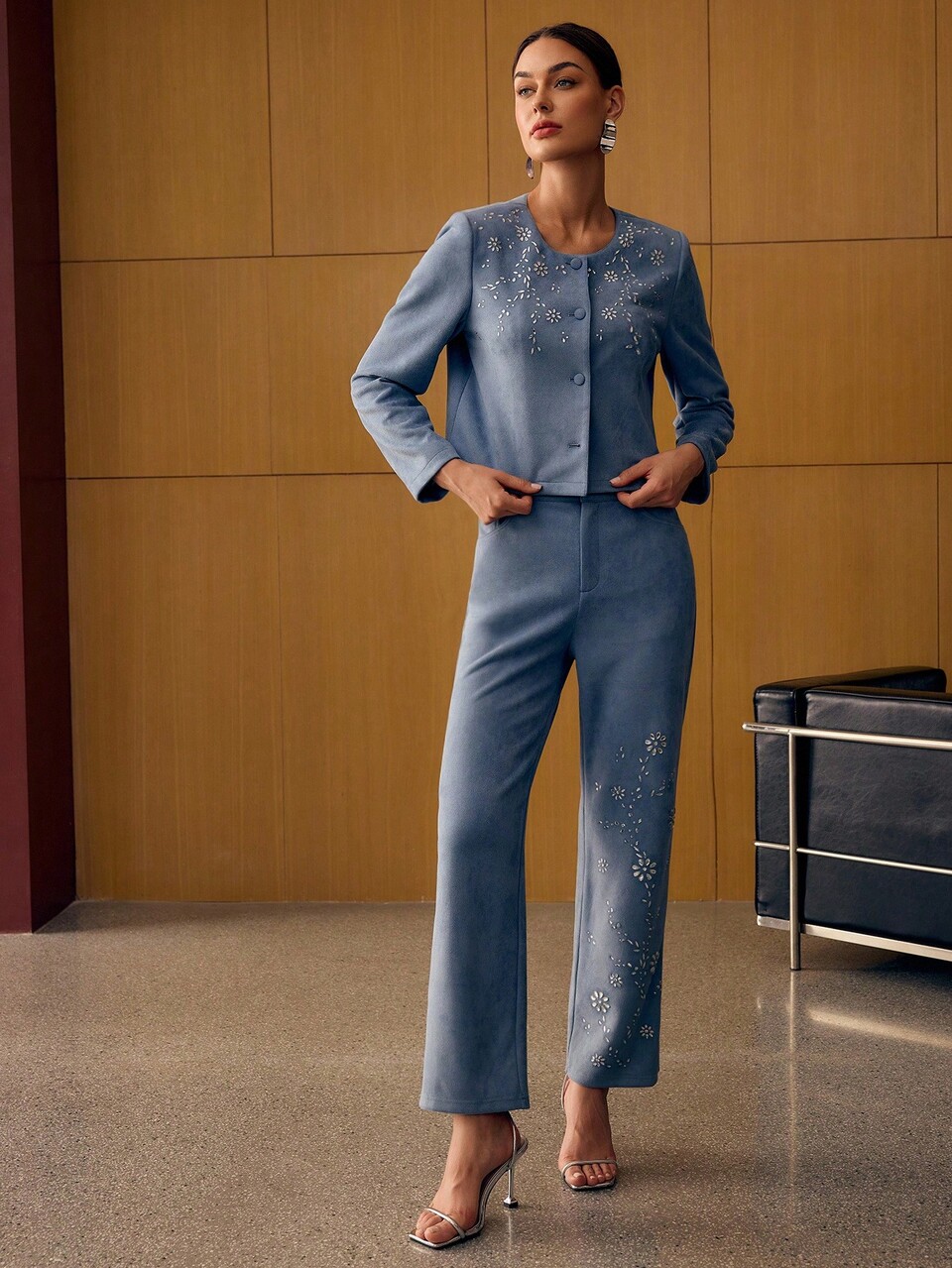 SUEDE SOLID RHINESTONE DETAIL WIDE LEG SUIT PANTS