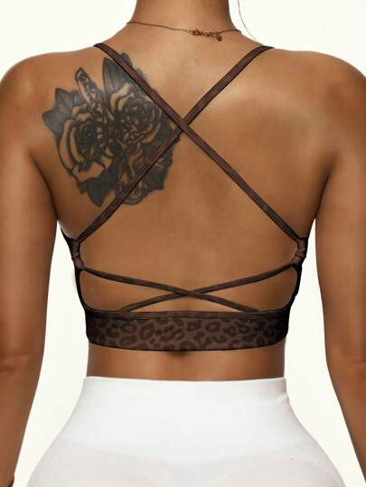 Slay 1pc Leopard Print Criss Cross Racerback Sports BH Yoga, Running Cheetah Spots view 2